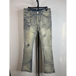 NOVA MEN "BE ALONG THE SIDES STACKED SKINNY FLARE JEANS" LIGHT 32X35 RHINESTONES